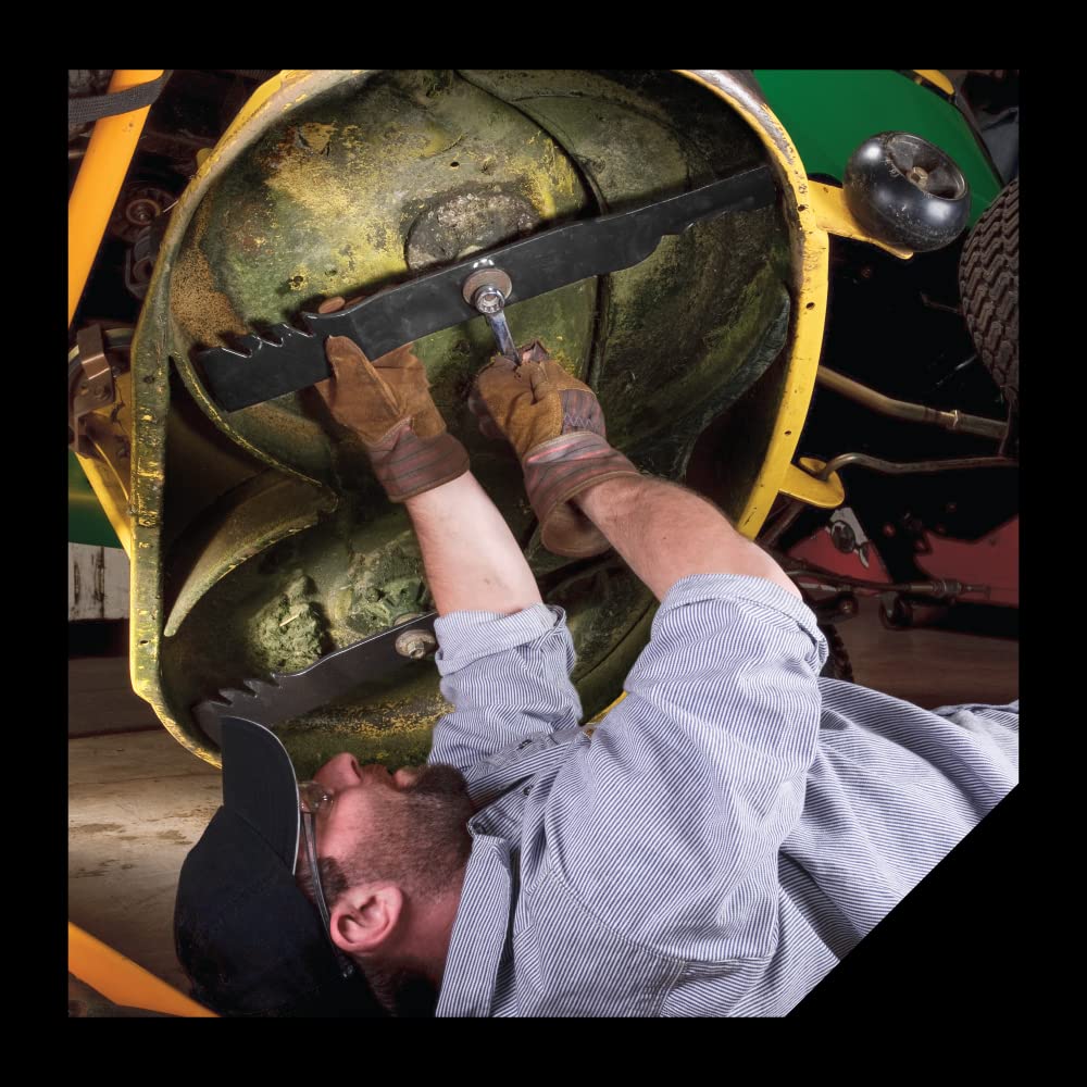 Oregon balancer in use with mower blade showing hands-free inspection benefit