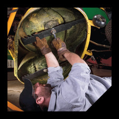 Oregon balancer in use with mower blade showing hands-free inspection benefit