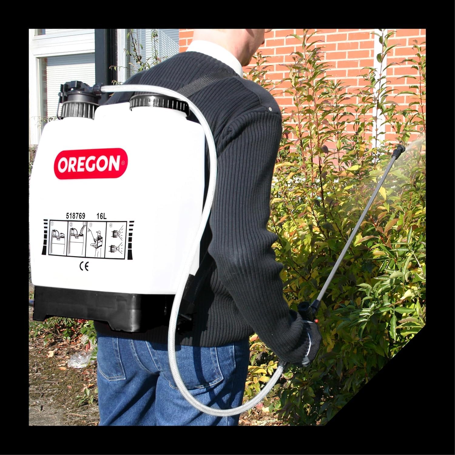 Oregon sprayer worn in garden while treating weeds showing efficient coverage benefit