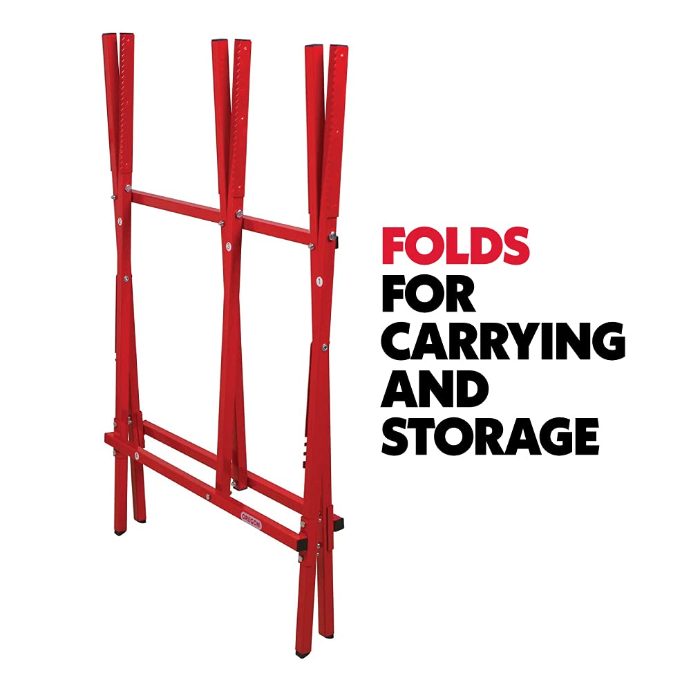Oregon saw horse folded flat for storage and easy transport benefit