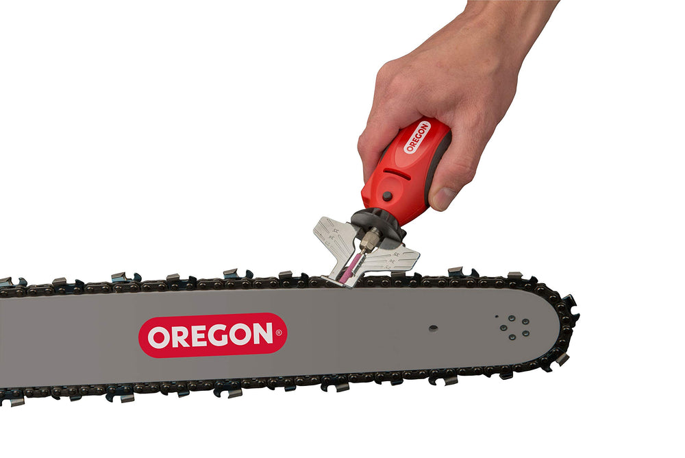 Oregon Sure Sharp in use on a chainsaw chain demonstrating fast field sharpening