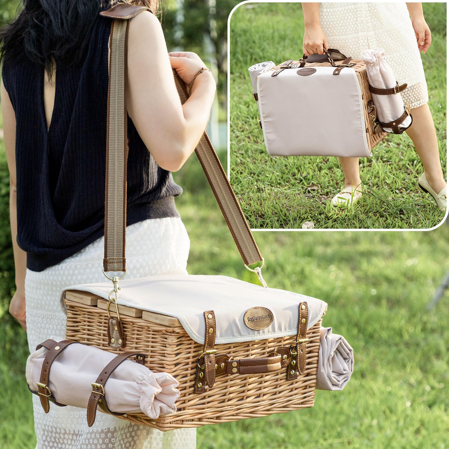 OrgaNatureQueen family picnic in park using basket and table, elegant outdoor dining setup