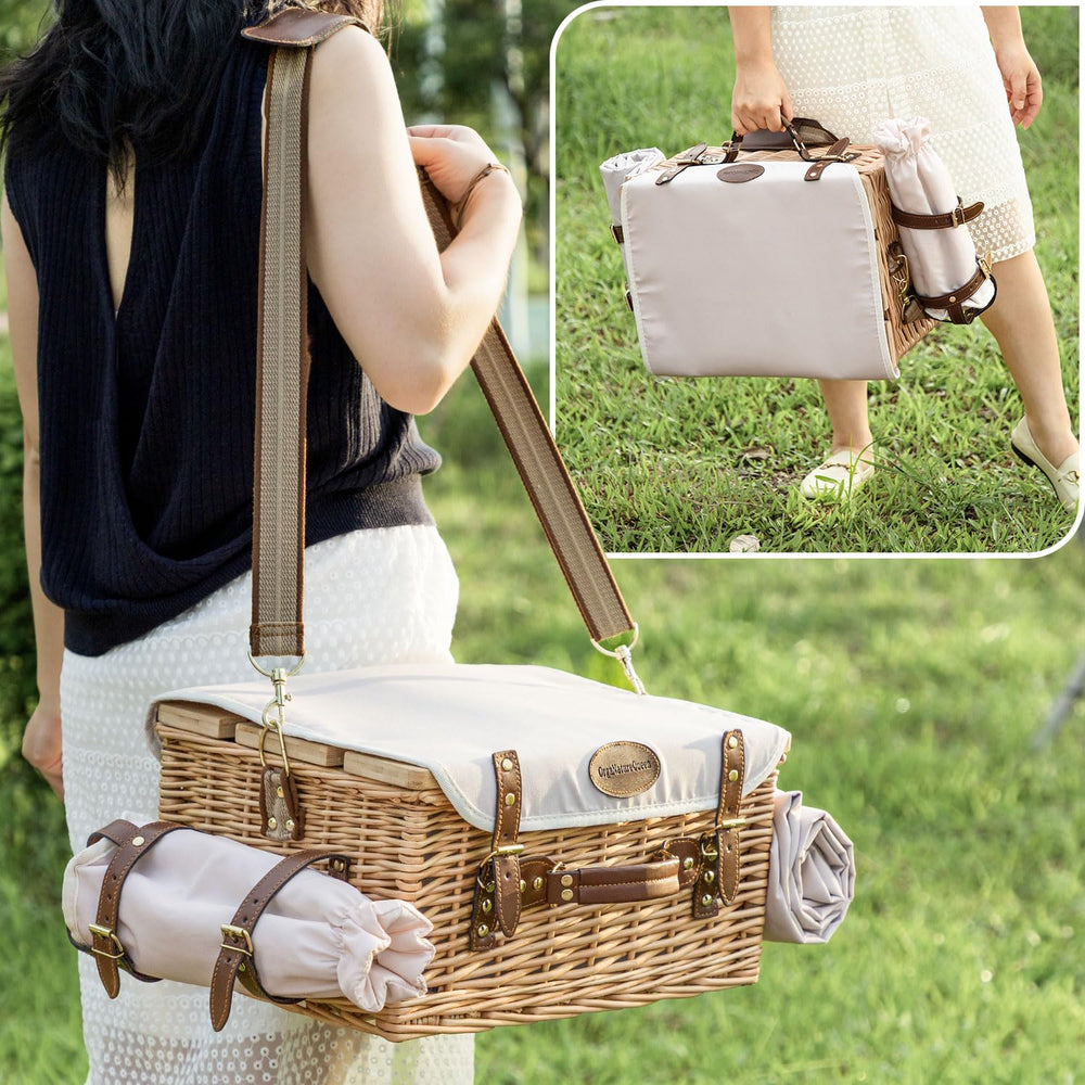OrgaNatureQueen family picnic in park using basket and table, elegant outdoor dining setup