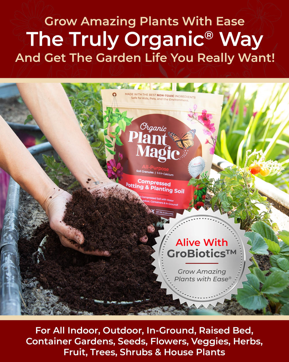 Organic Plant Magic expanded soil in hands, hydrated mix ready to plant benefit