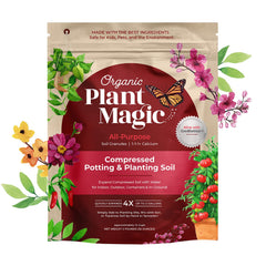 Organic Plant Magic front packaging showing compact soil, space-saving benefit