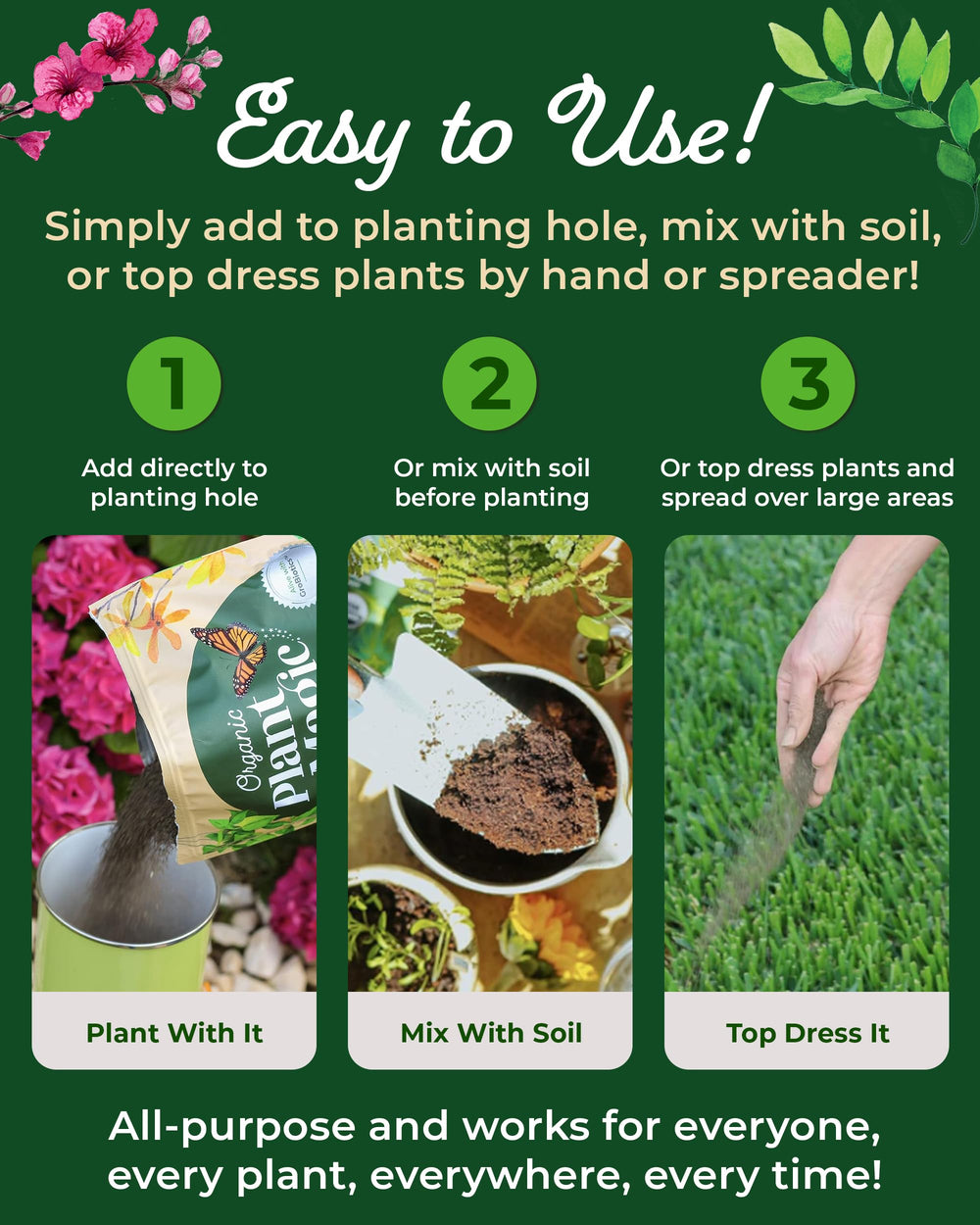 Organic Plant Magic label detail listing trace minerals and microbes