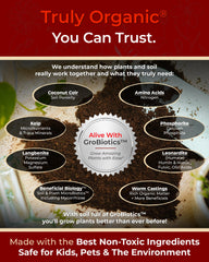 Organic Plant Magic soil texture detail showing fibrous coir and compost benefit