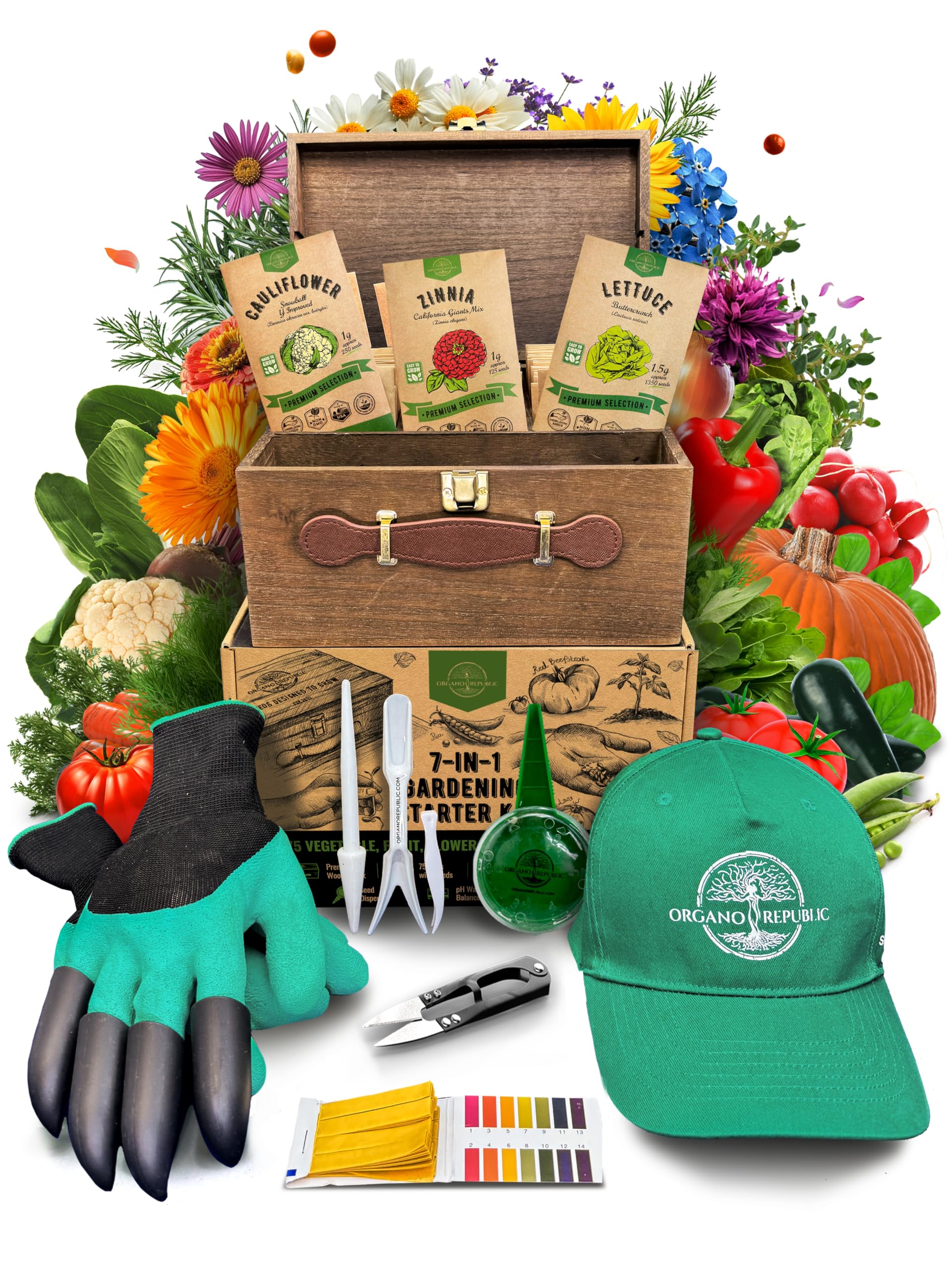 Organo Republic wooden storage box showing organized seed packs for tidy gardening