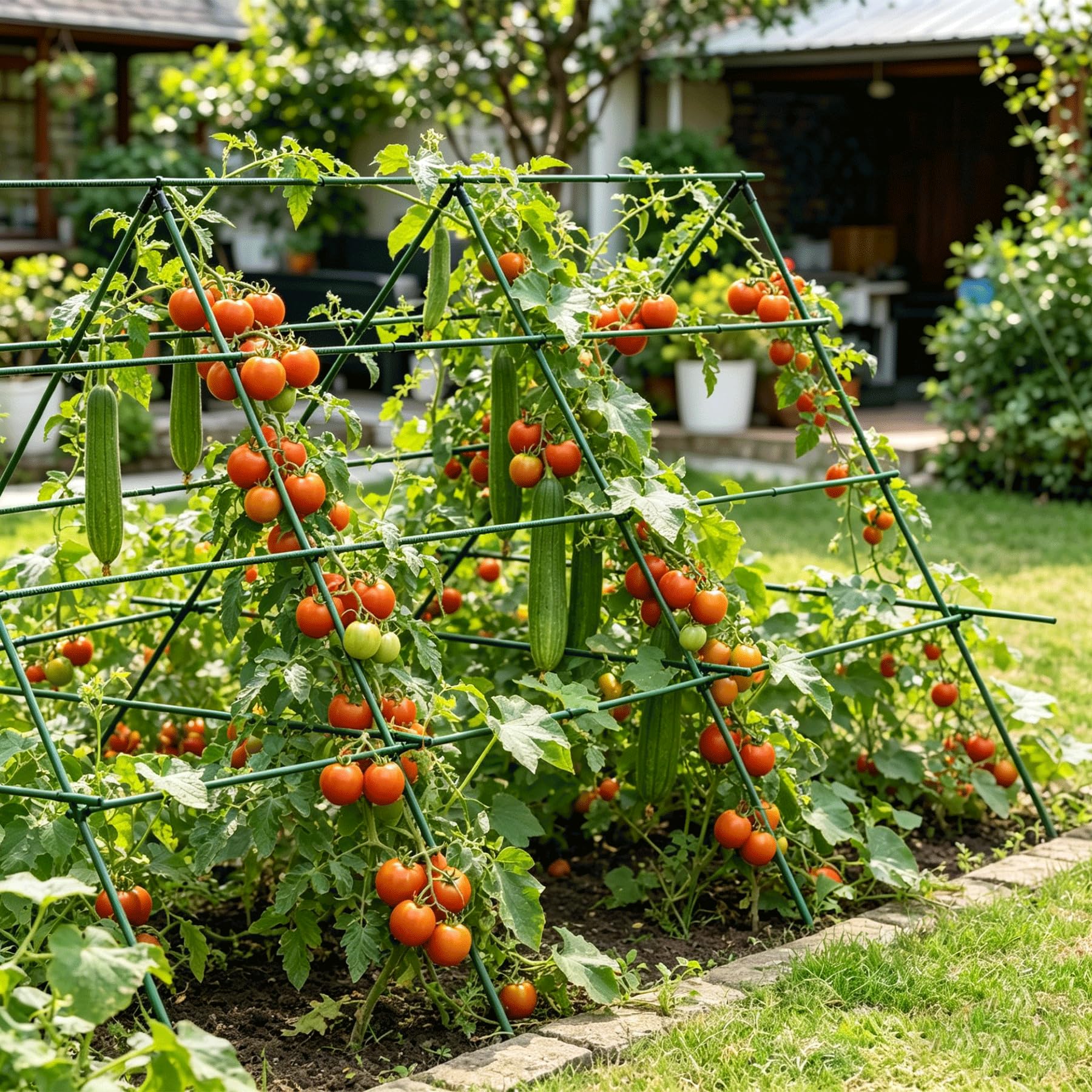 Orgrimmar stakes installed in a raised bed with vines showing tidy vertical growth and improved airflow