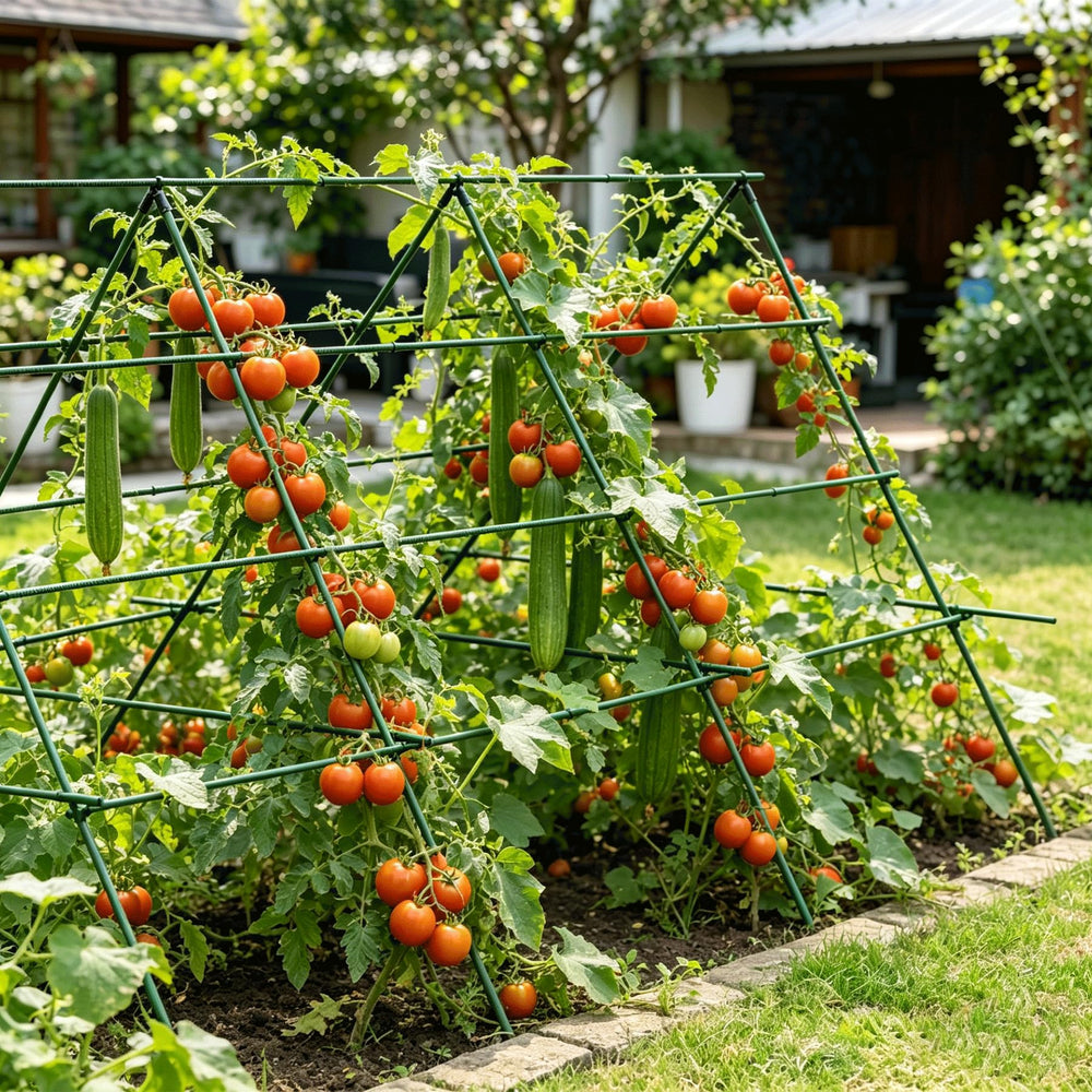Orgrimmar stakes installed in a raised bed with vines showing tidy vertical growth and improved airflow