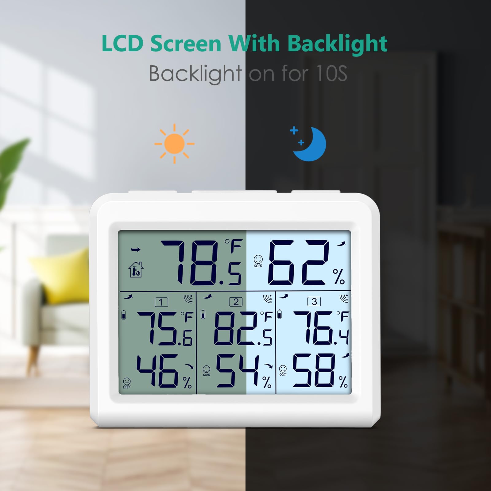 ORIA backlit display at night, illuminated readings for easy nighttime checks