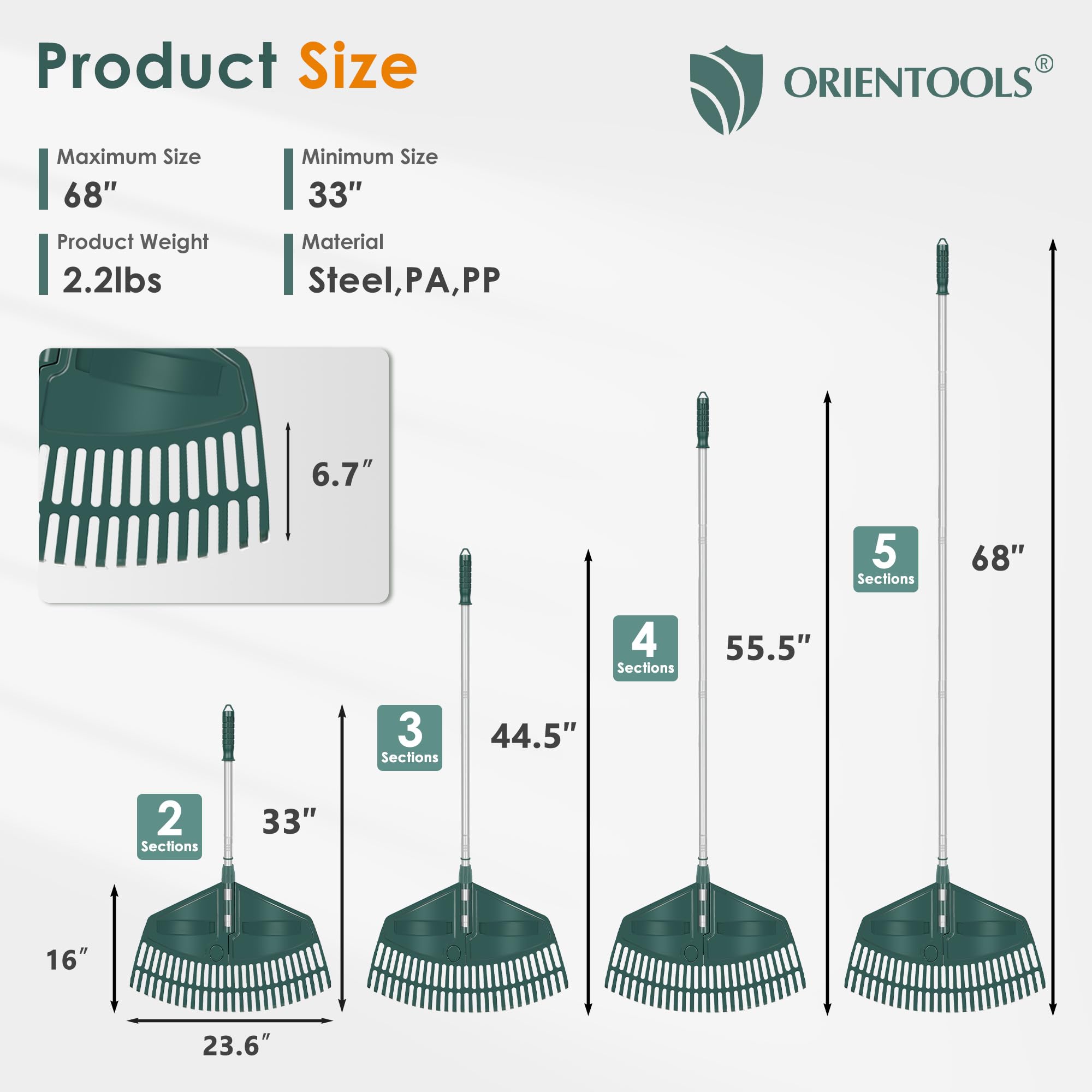 ORIENTOOLS close-up of 26 plastic tines protecting lawn while gathering leaves
