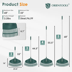 ORIENTOOLS close-up of 26 plastic tines protecting lawn while gathering leaves