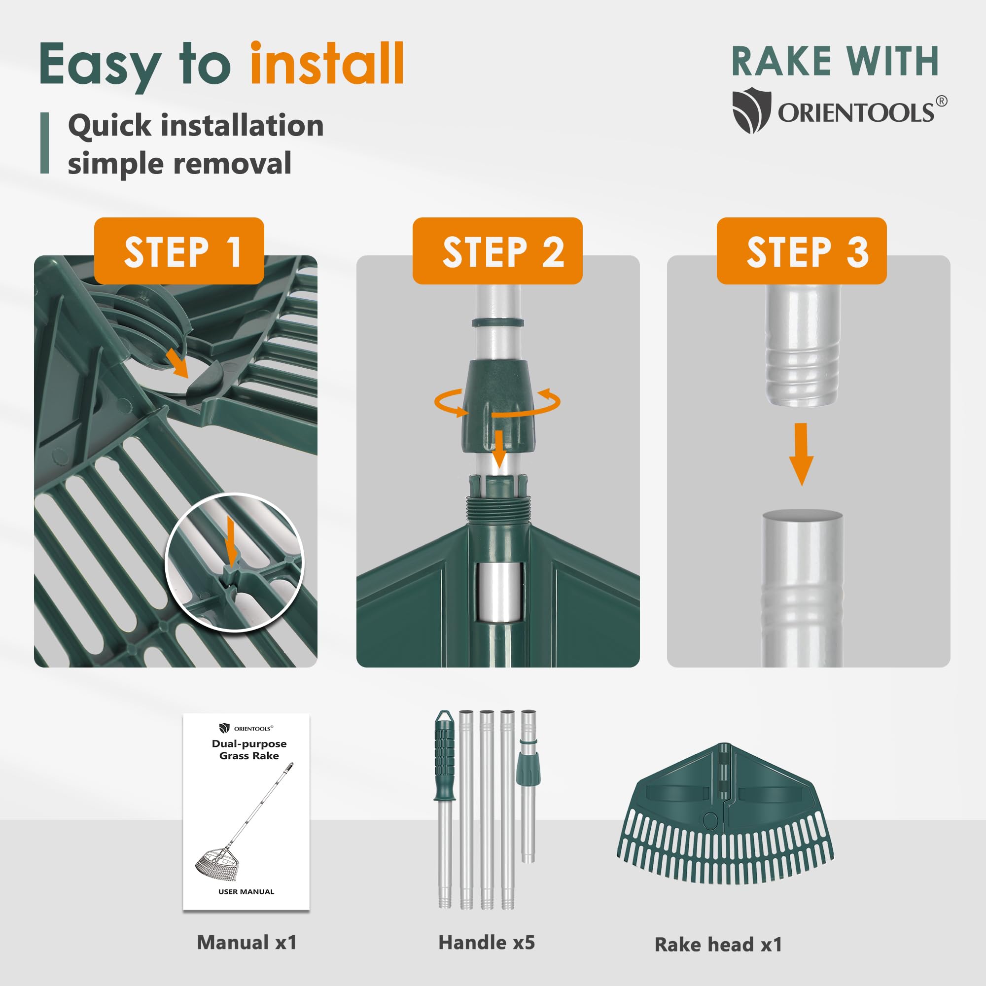 ORIENTOOLS rake in a landscaped yard demonstrating fast, plant-safe debris removal