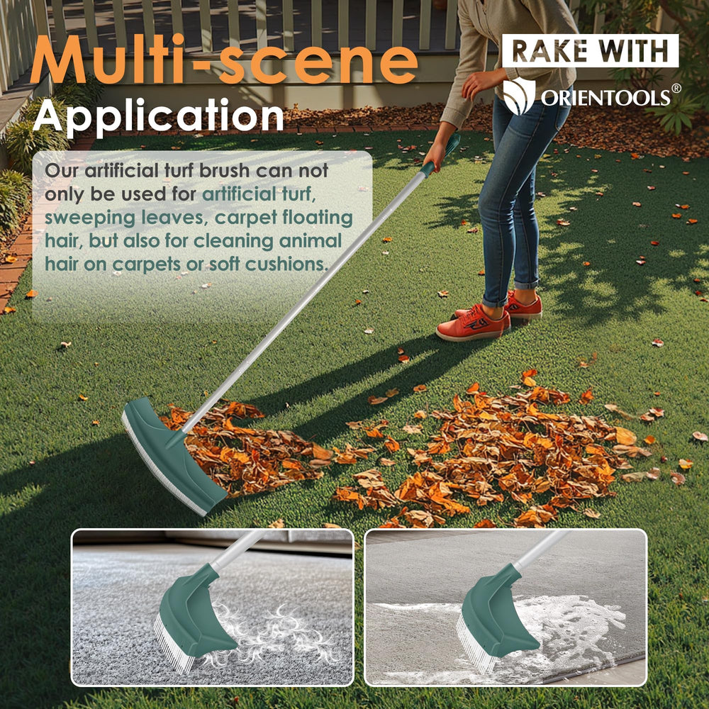 ORIENTOOLS rake in use on artificial turf restoring pile and clearing leaves