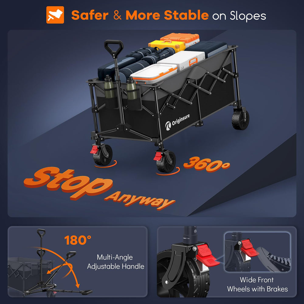 Originsure front-wheel brake engaged to secure parked wagon