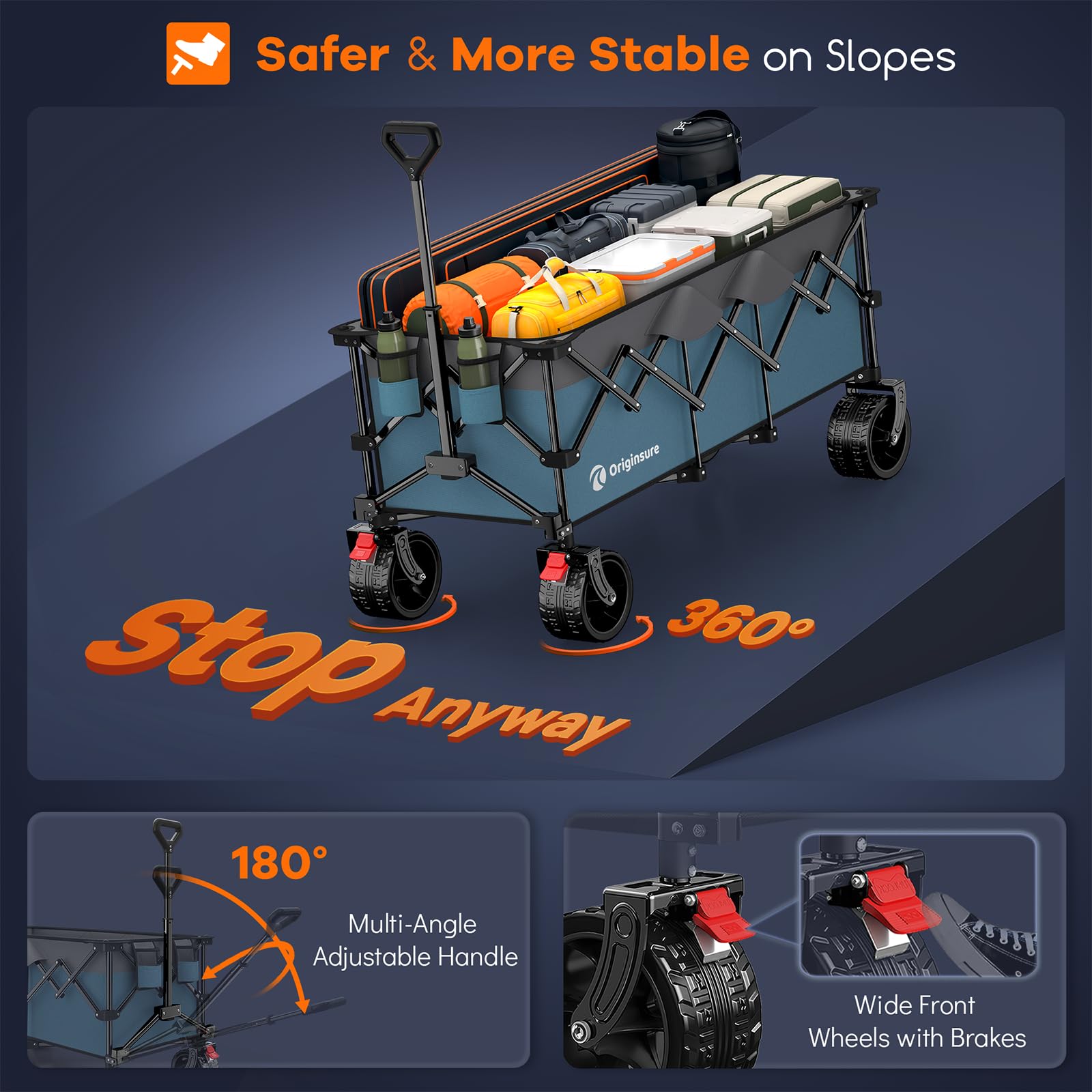 Originsure front wheel with brake engaged showing secure parking and safety benefit