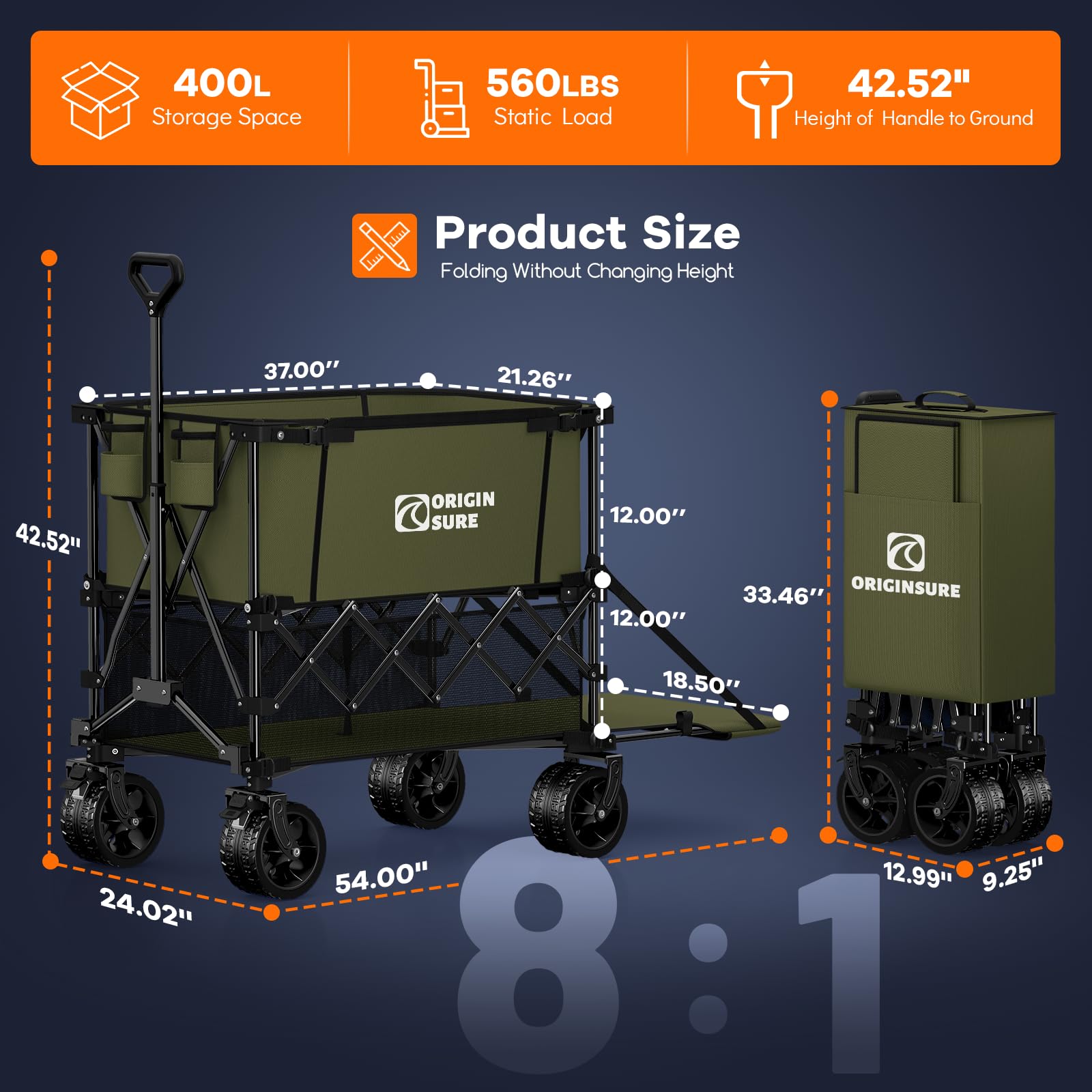 Originsure expanded double-decker top view showing large 14.16 cu ft capacity for bulky gear