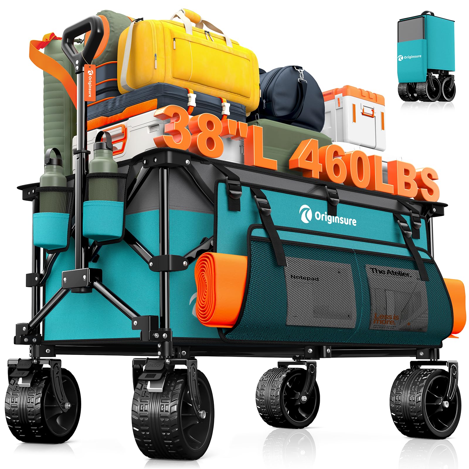 Originsure front view showing full turquoise wagon and easy loading benefit