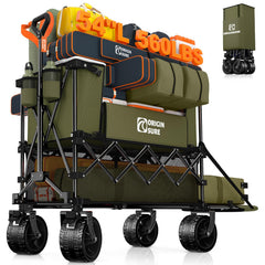 Originsure front view of foldable wagon showing compact profile and green fabric for easy transport