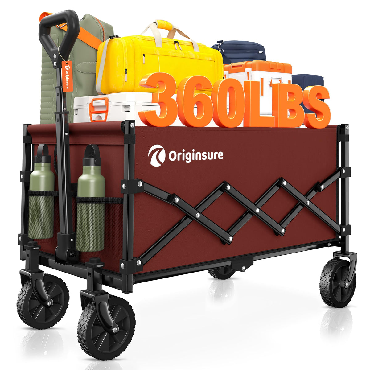 Originsure front view unfolded showing roomy cargo area and red fabric ease of loading