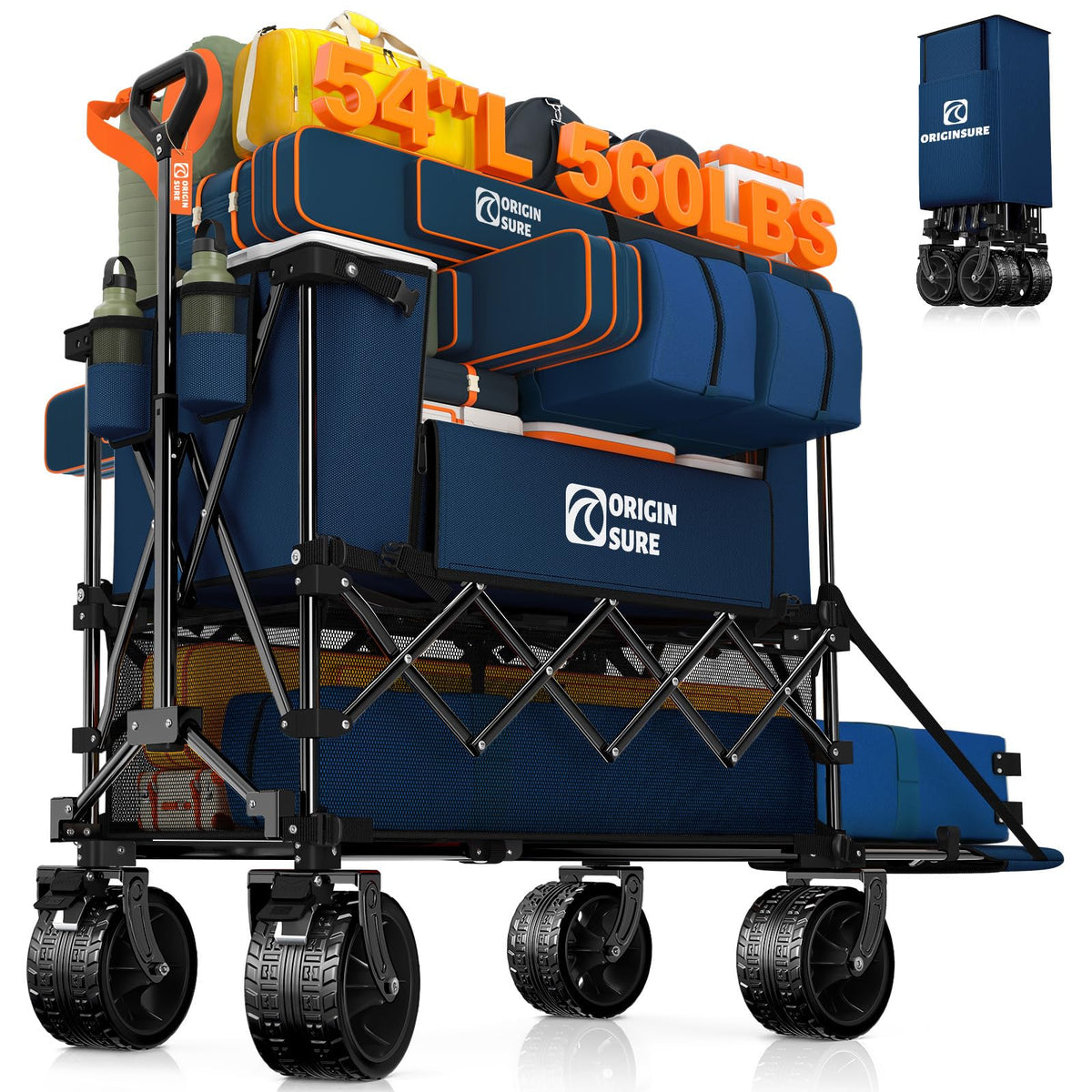 Originsure front view of blue wagon showing large cargo space and easy access