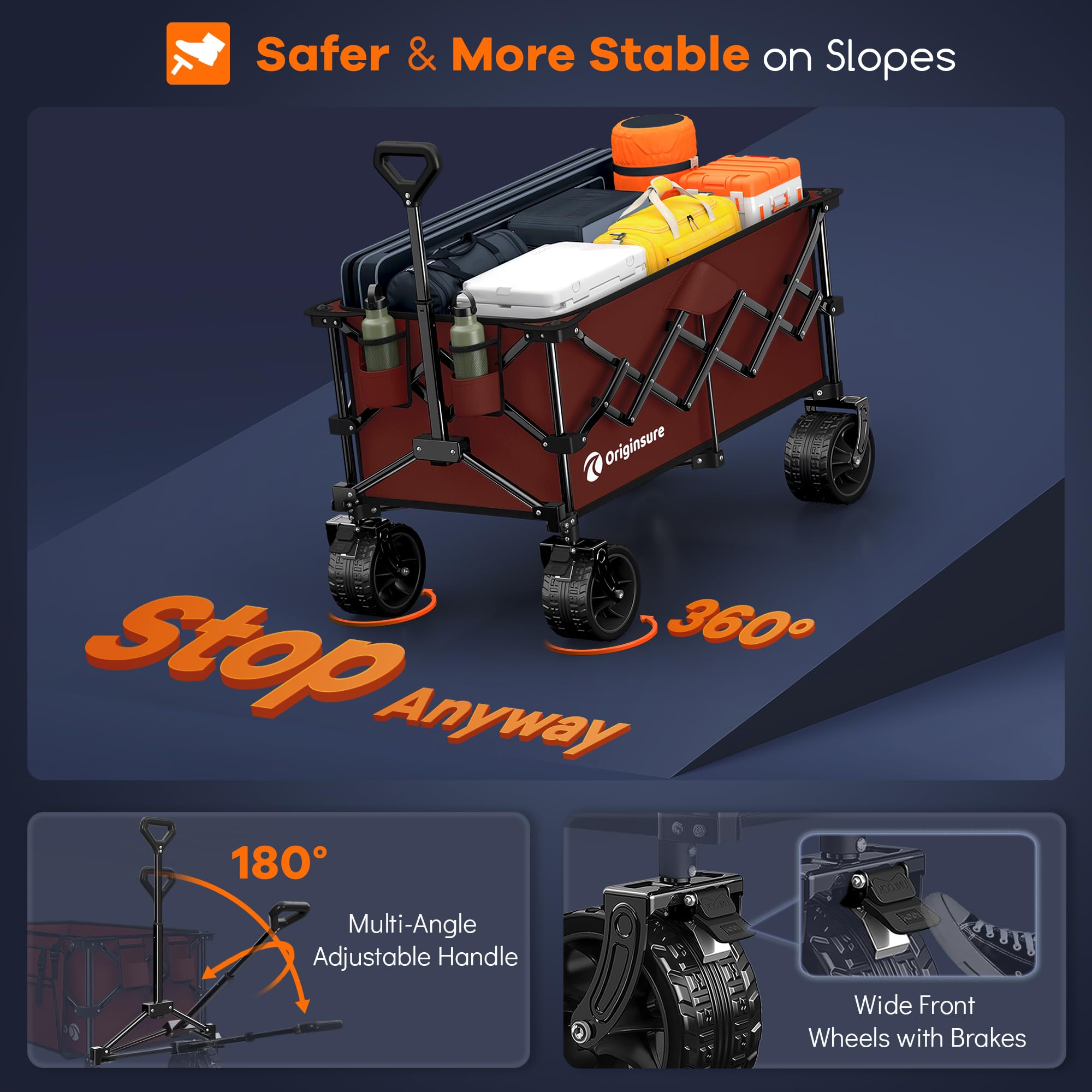 Originsure wagon next to two adults illustrating size, scale, and carrying capability
