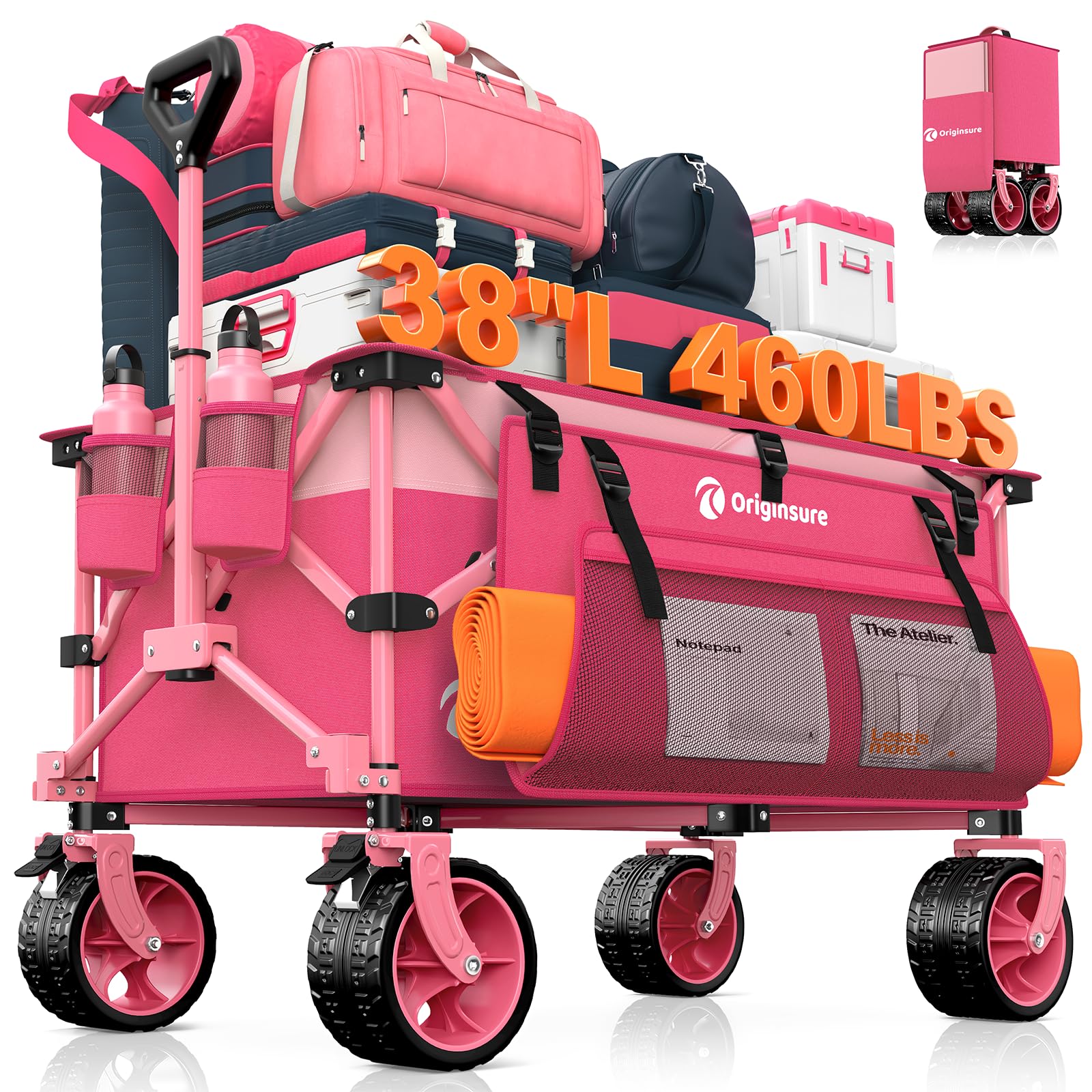 Originsure pink wagon front view showing roomy cargo and sturdy frame benefit