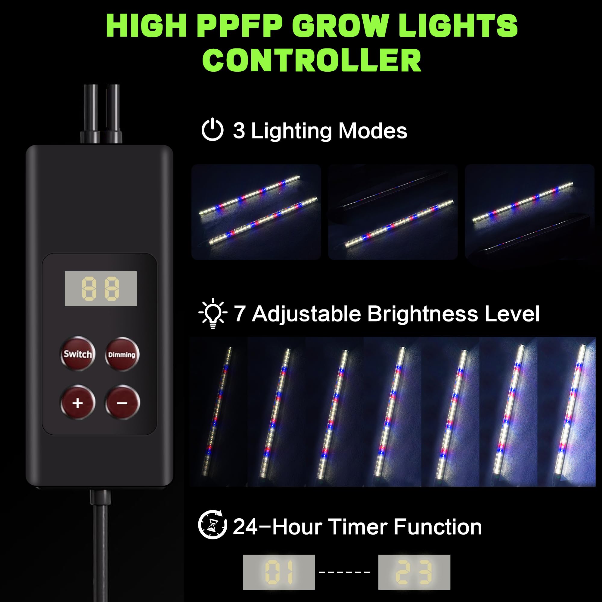 OrionEarth LED grow light and controller mounted above tray showing programmable timer advantage