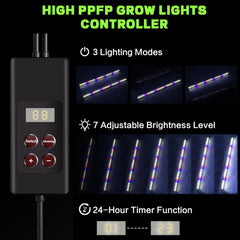 OrionEarth LED grow light and controller mounted above tray showing programmable timer advantage