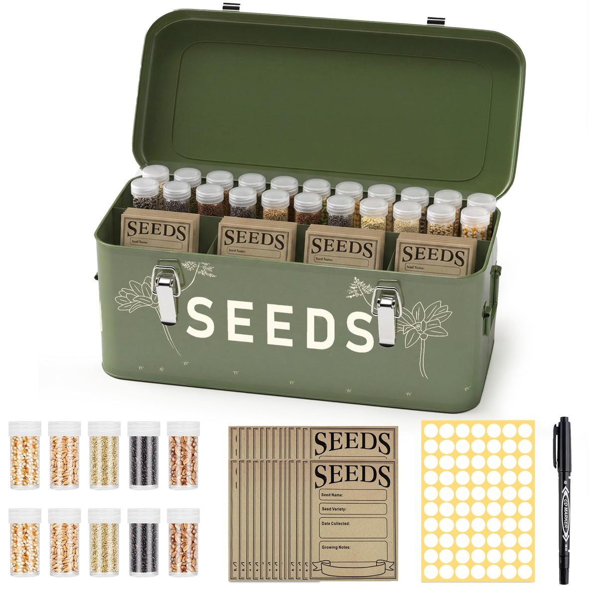 Orionstar metal box front view showing vintage finish and botanical motif for stylish storage