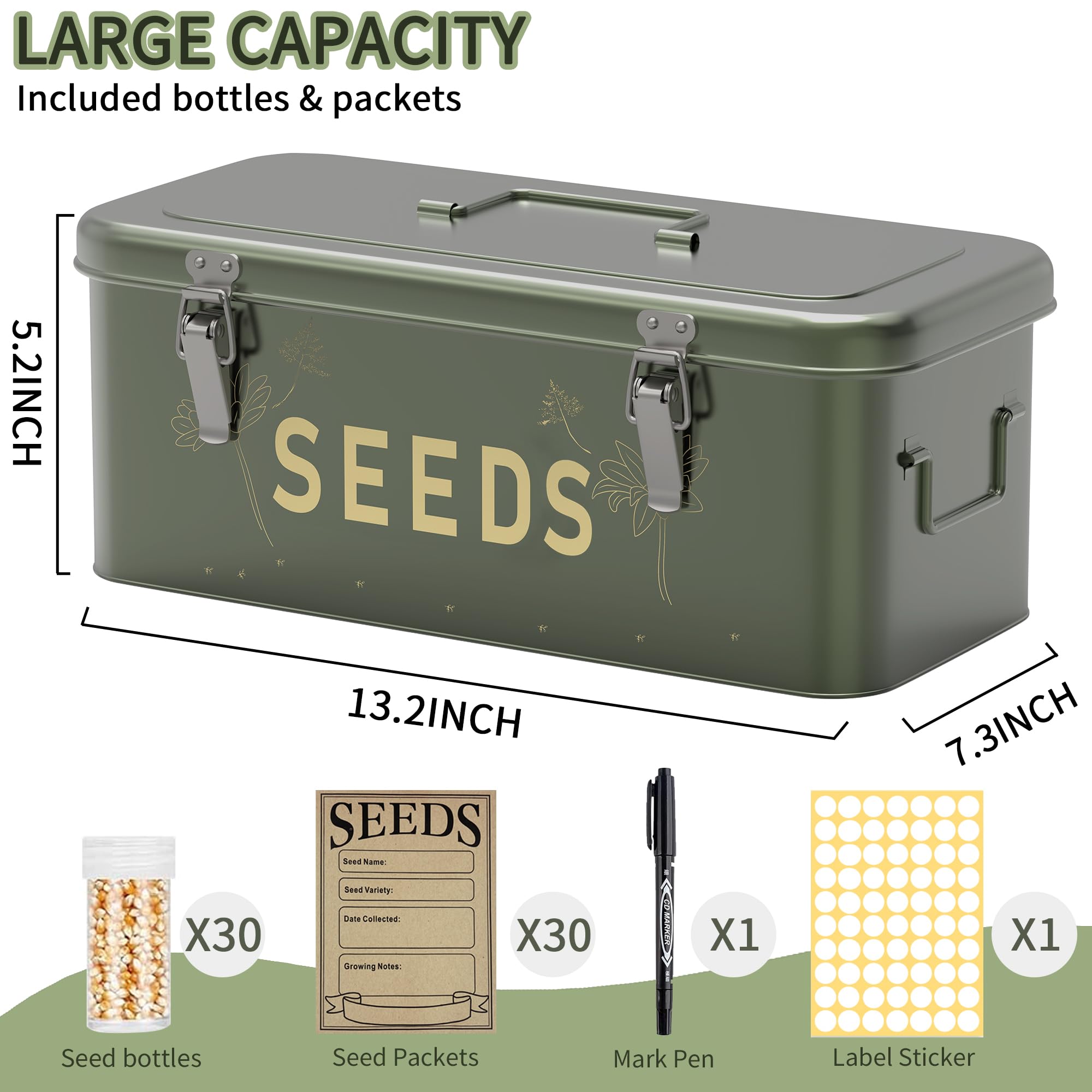 Orionstar open box filled with 30 bottles and envelopes for organized seed inventory