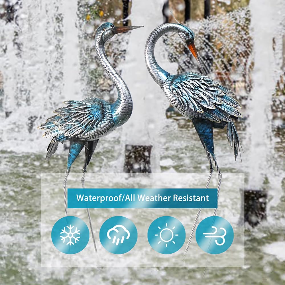 Oritty heron statue by pond illustrating natural placement and tranquil ambiance