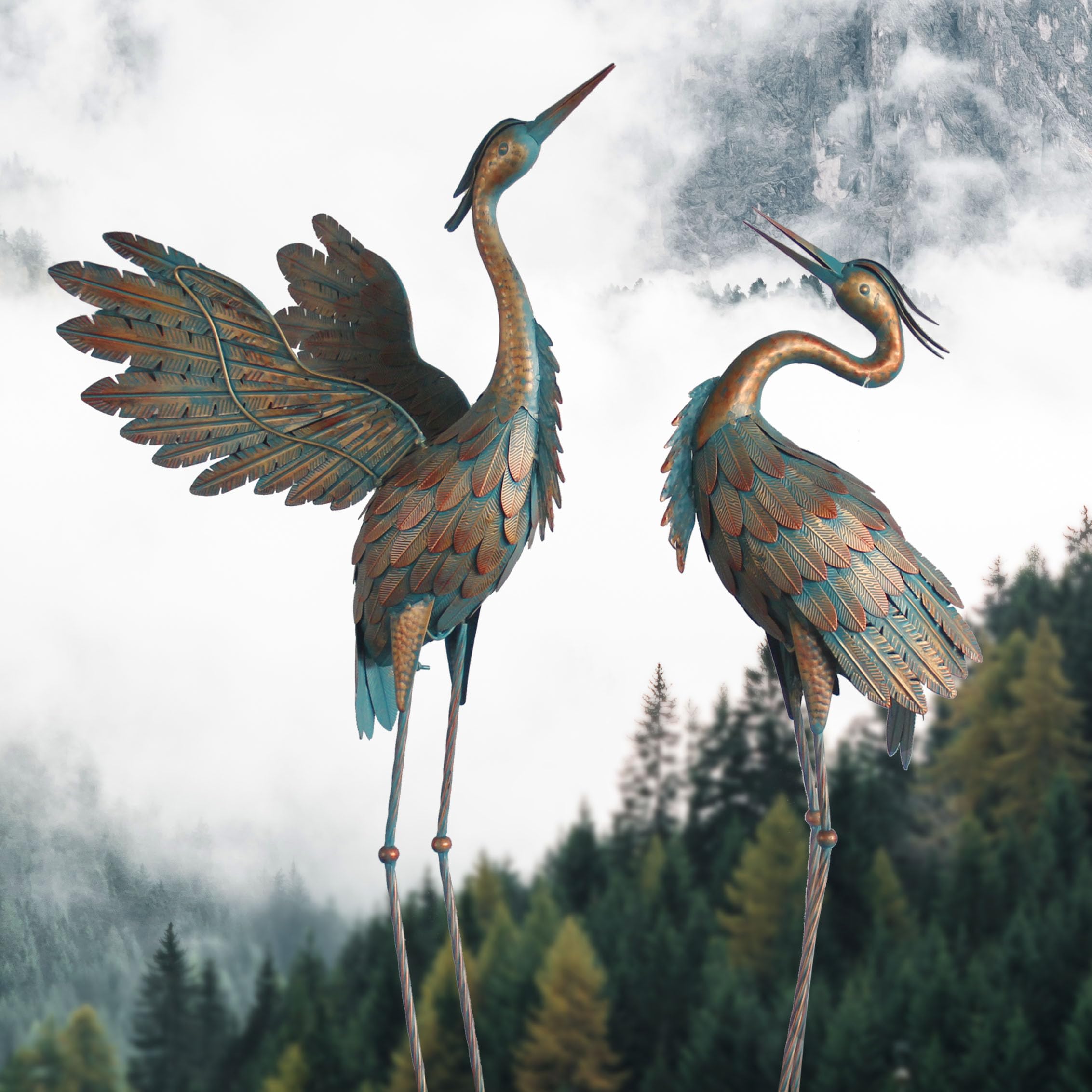 Oritty cranes positioned by a pond adding naturalistic charm to landscape