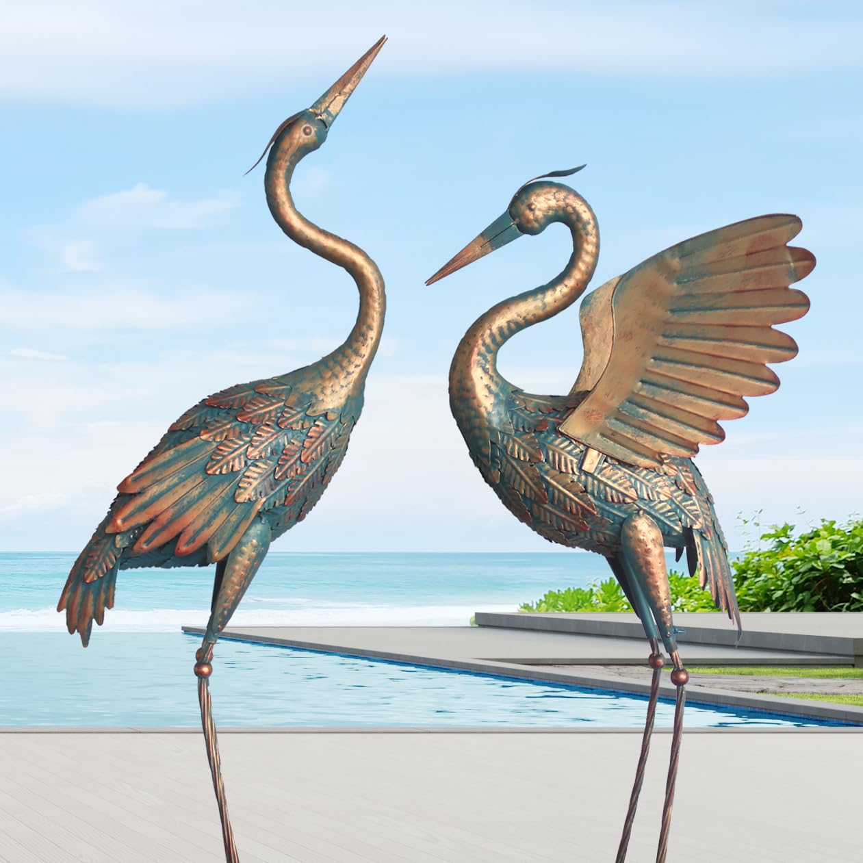 Oritty front view showing lifelike crane and rustic copper finish benefit visual impact