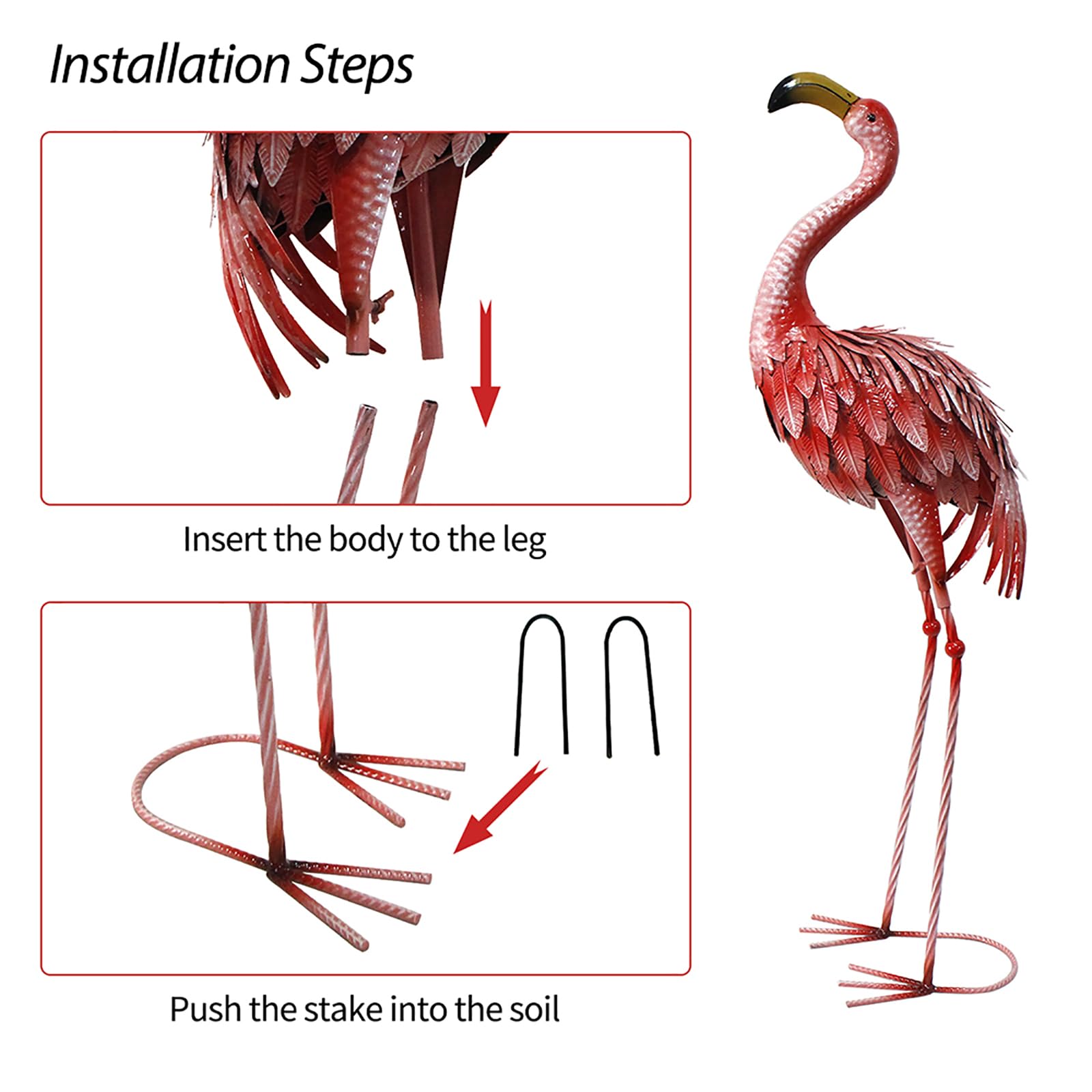 Oritty flamingo near pond illustrating weather-resistant outdoor use
