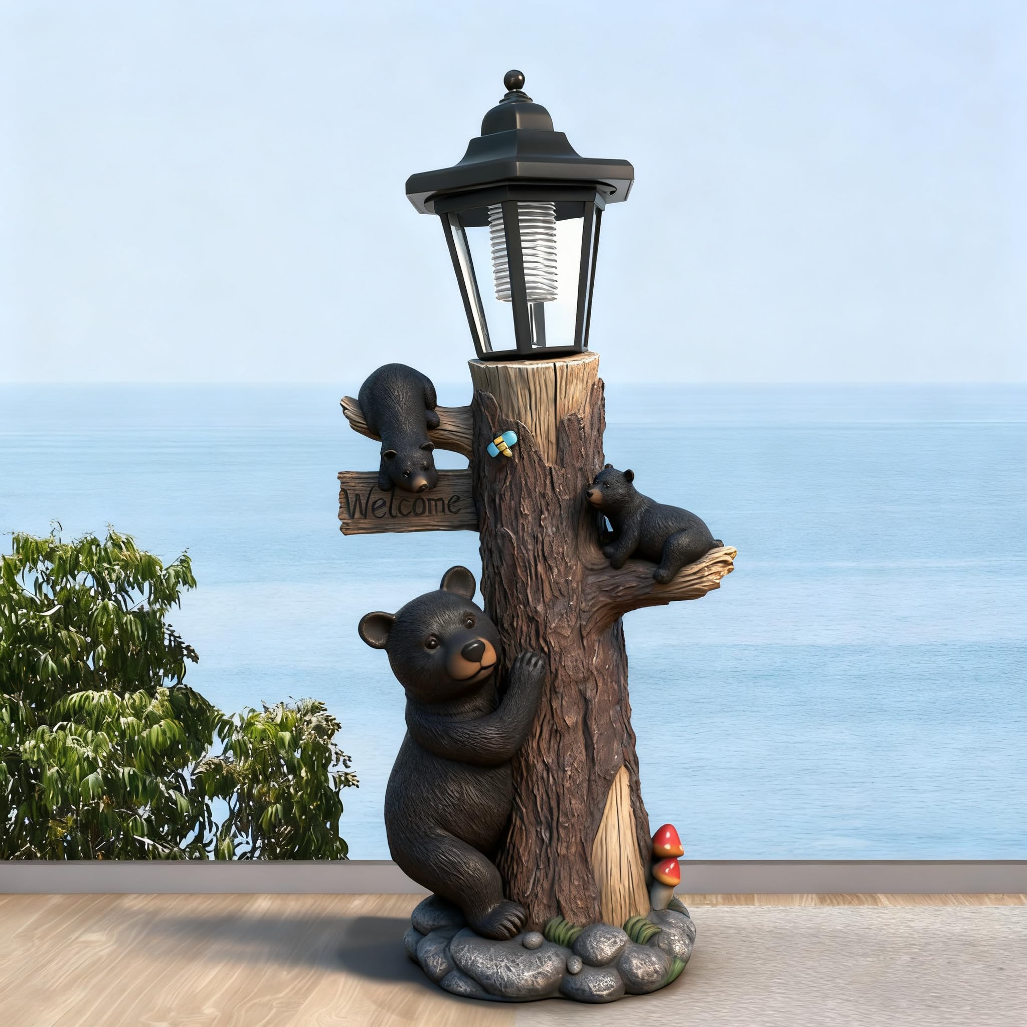 Oritty statue illuminated at dusk creating warm pathway light and ambiance