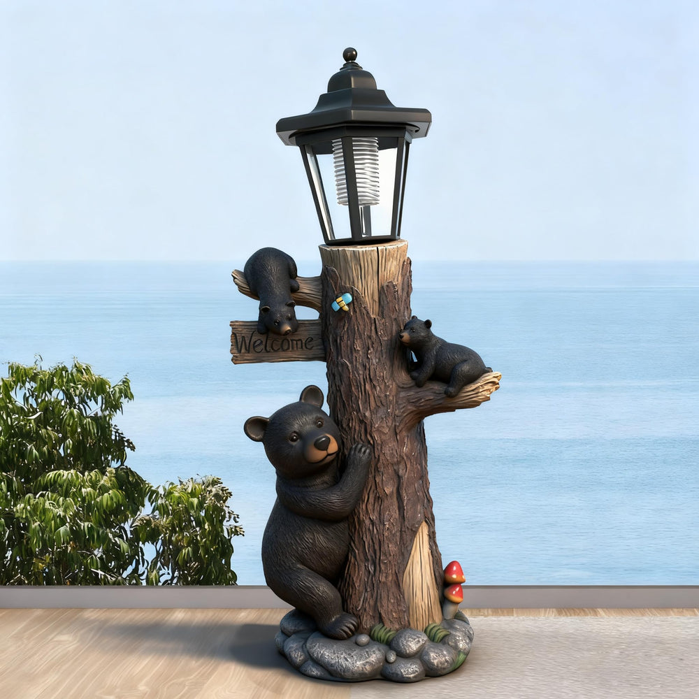 Oritty statue illuminated at dusk creating warm pathway light and ambiance