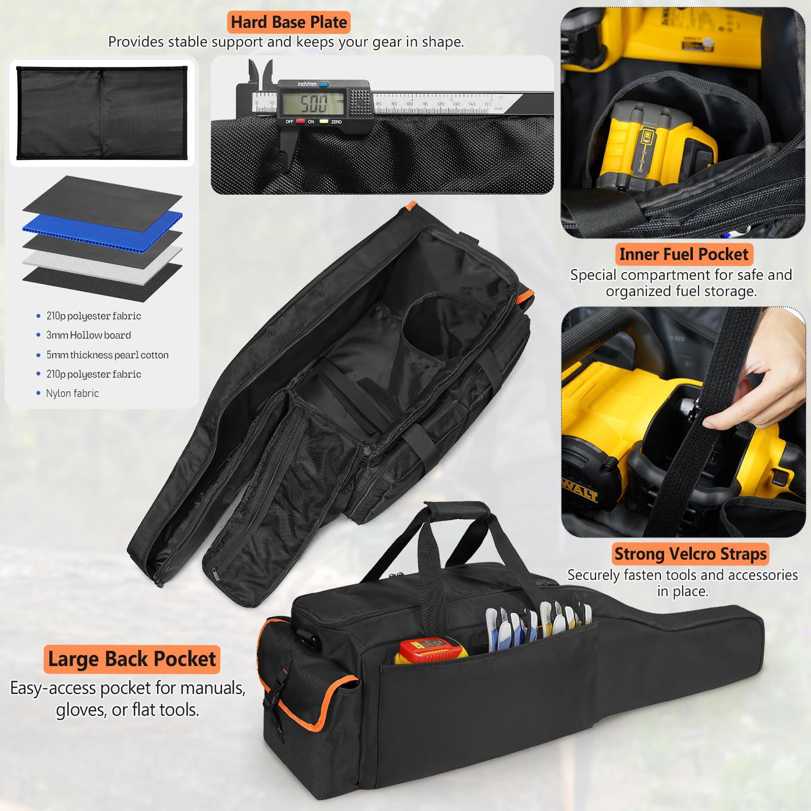 ORKELS side pockets with expandable mesh holding chain oil bottle and gloves