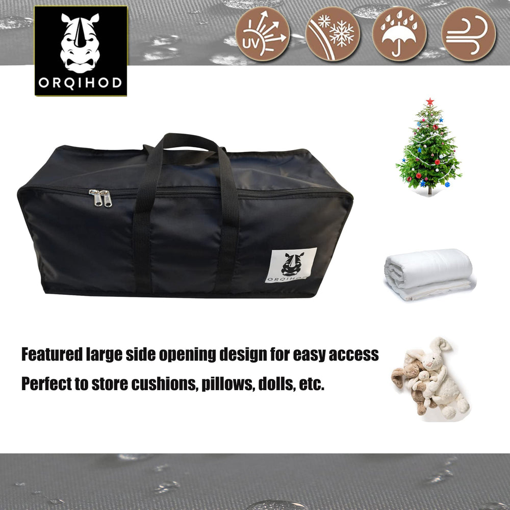 Orqihod bag filled with patio cushions showing organized storage