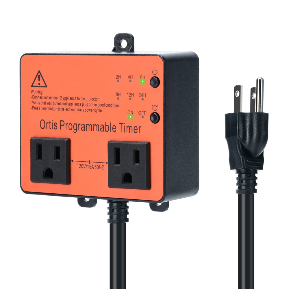 Ortis front view showing compact timer and dual sockets for easy automation