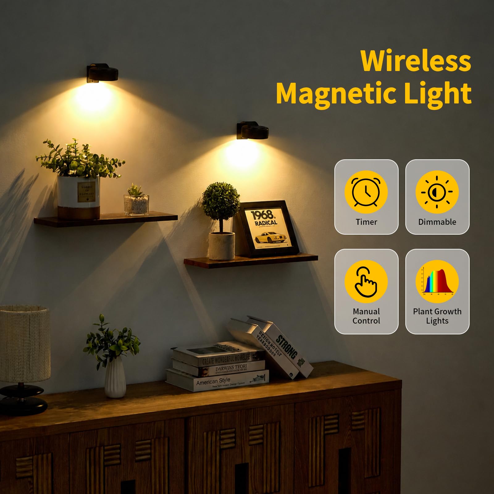 Orvado shelves styled in bedroom showing decorative display and warm accent lighting