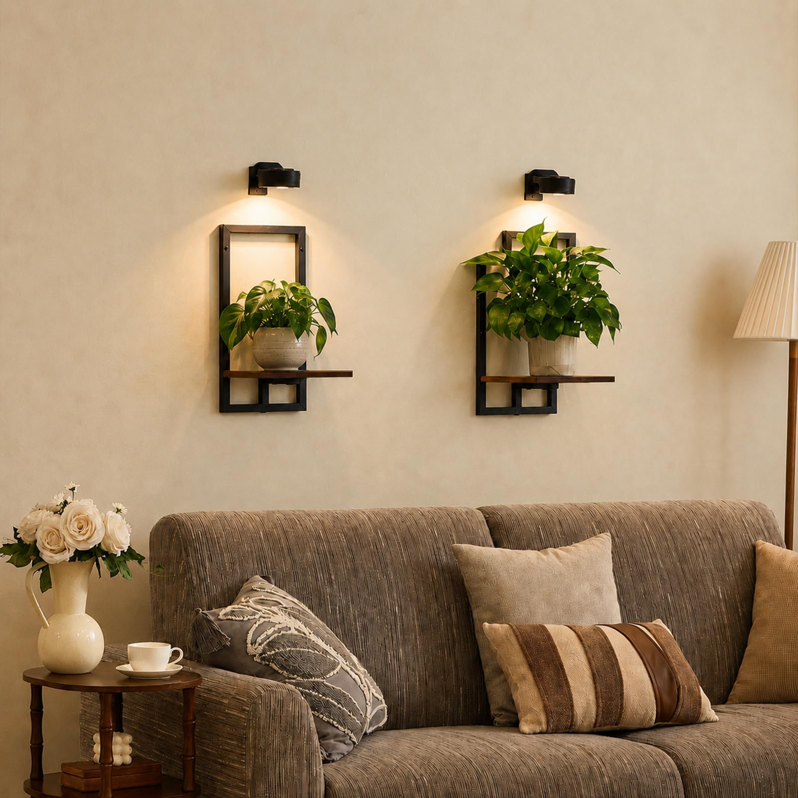 Orvado front view of two rustic brown floating shelves showing design and benefits