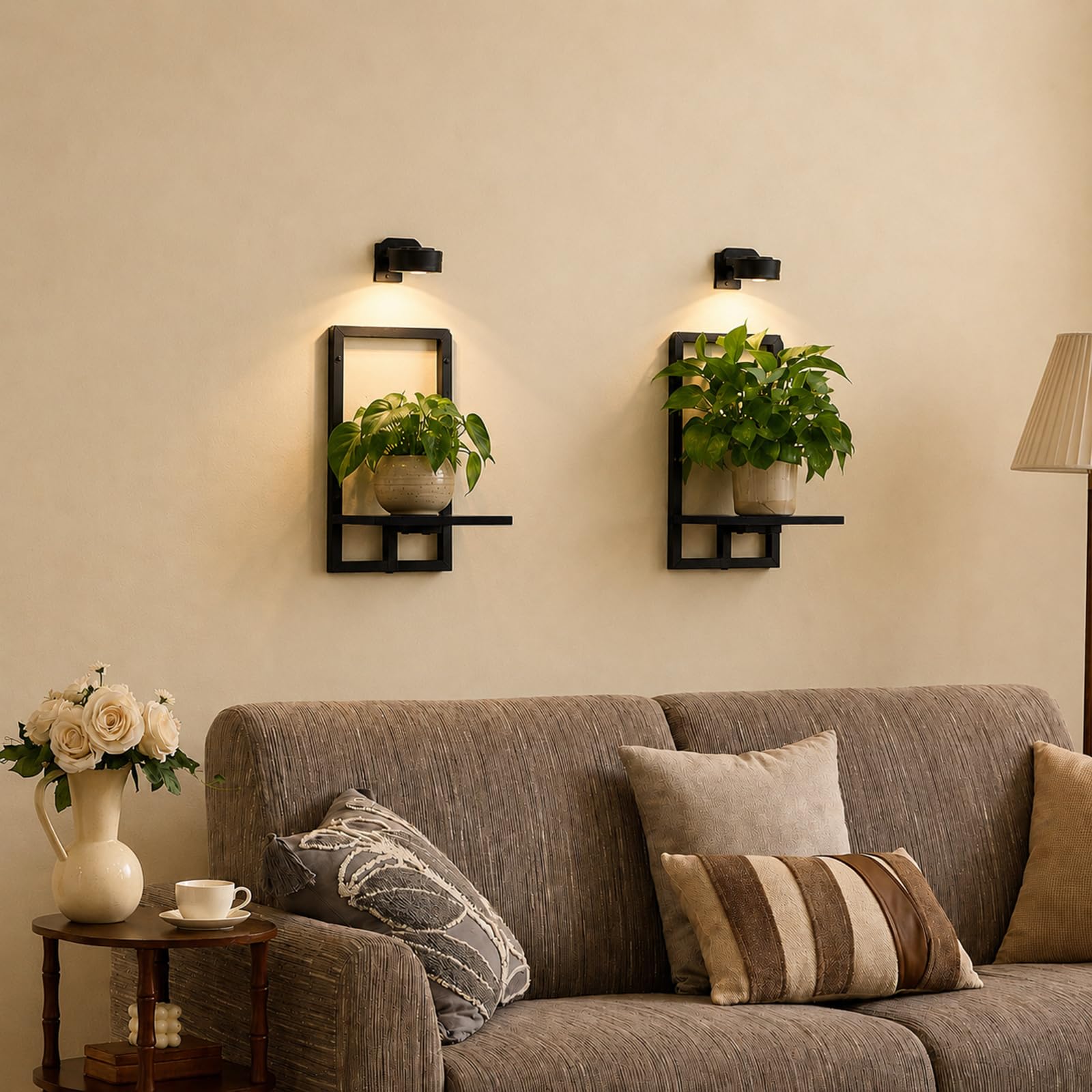 Orvado front view showing two black floating shelves and plants, adding tidy display space