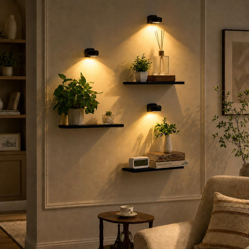Orvado front view of three black floating shelves showing clean display and space-saving benefit