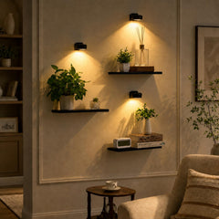 Orvado front view of three black floating shelves showing clean display and space-saving benefit