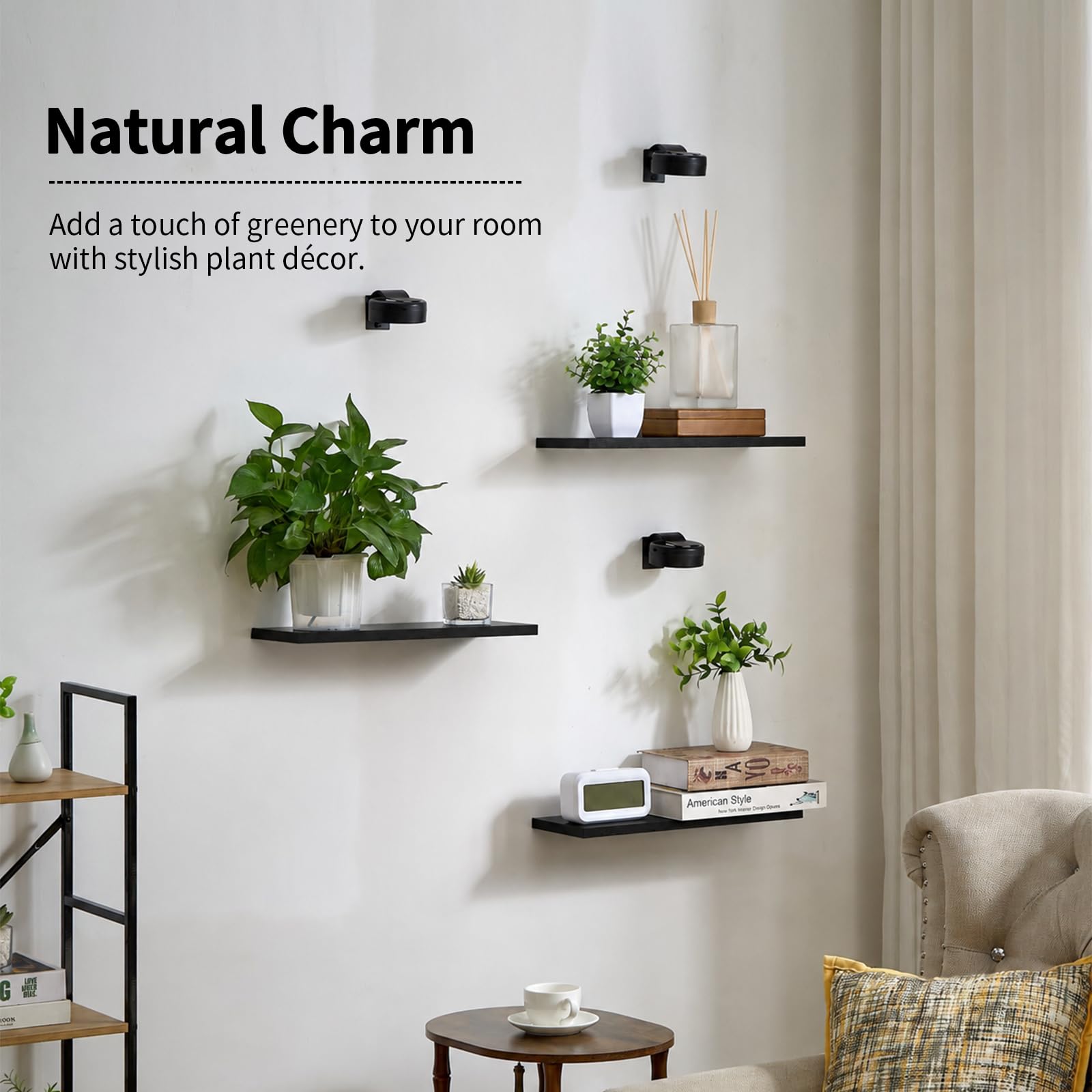 Orvado shelves holding potted plants and decor to enhance indoor greenery and airflow