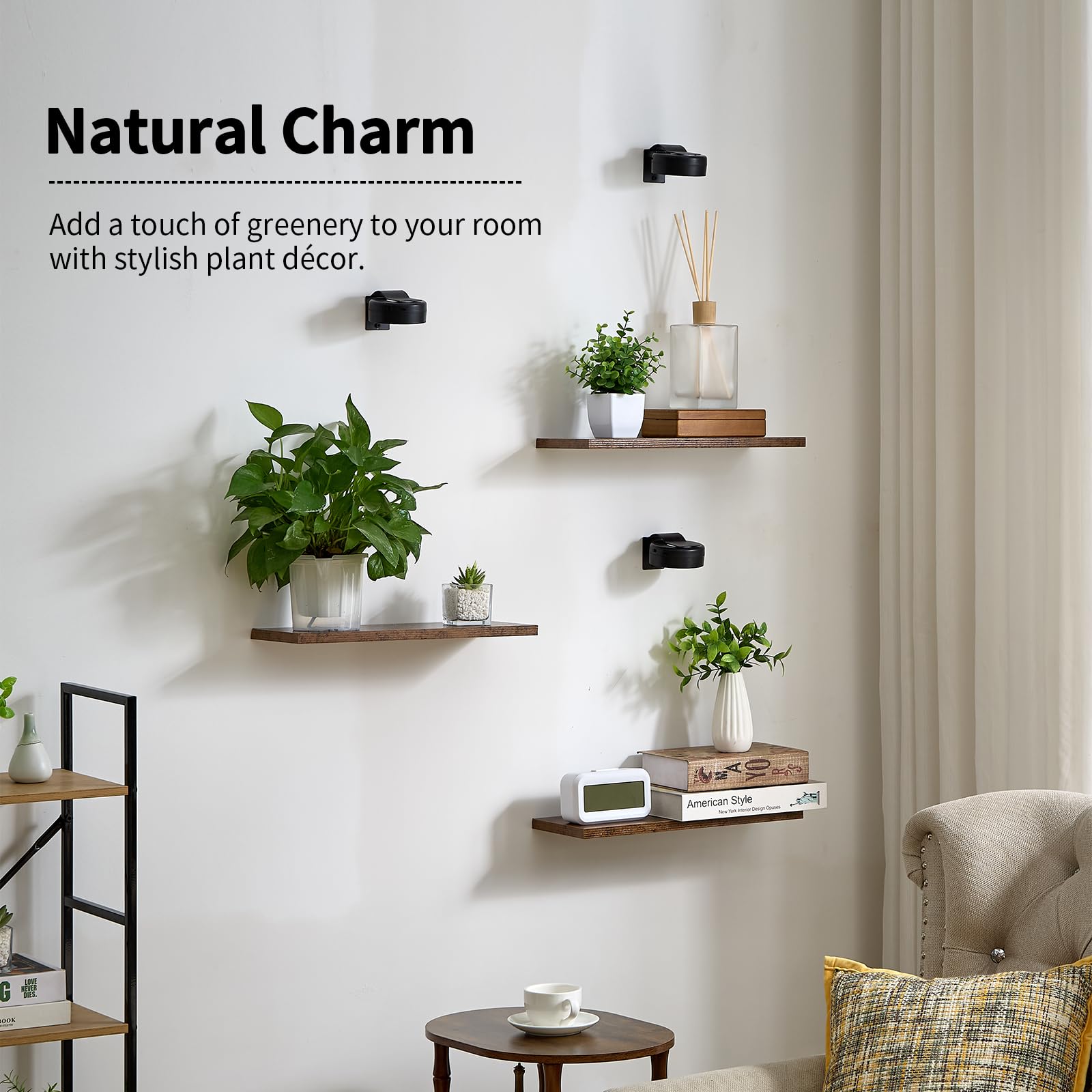 Orvado shelf beside a hand for scale demonstrating compact 15.8 inch width and weight capacity