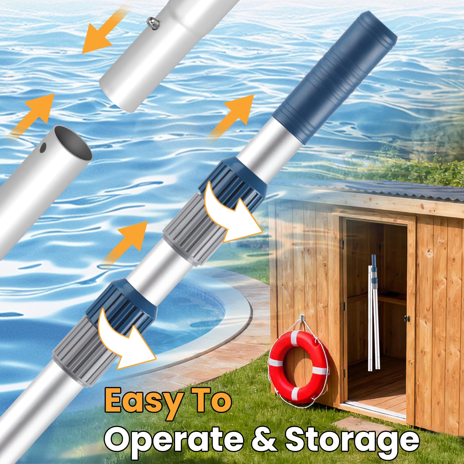 Orvella pole attached to skimmer net removing debris, efficient pool cleaning benefit