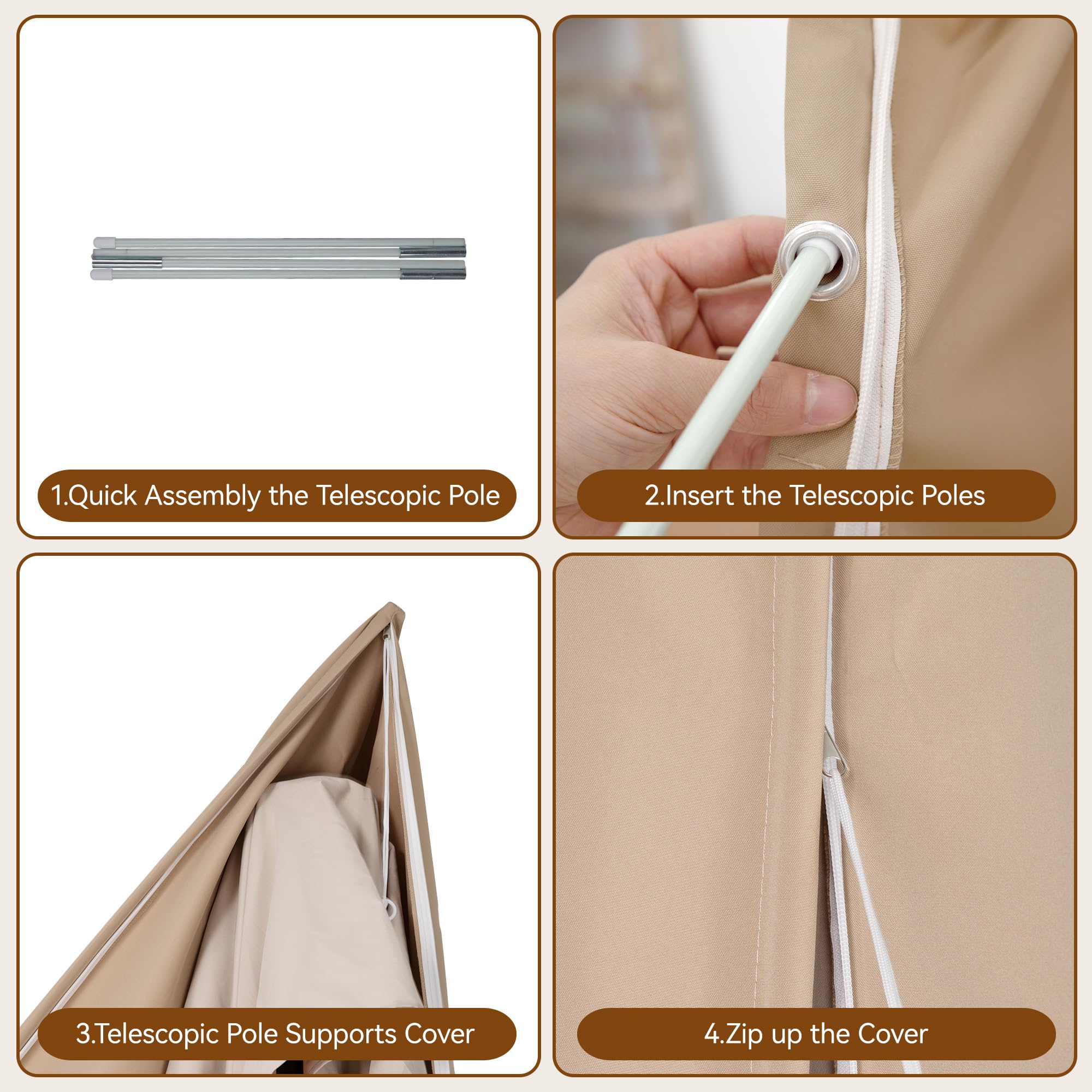 ORYNTREX cover next to measuring tape showing fit for 9–13ft umbrellas